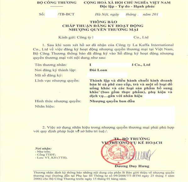 Franchise in Vietnam, Vietnam Franchise Agreement Recording