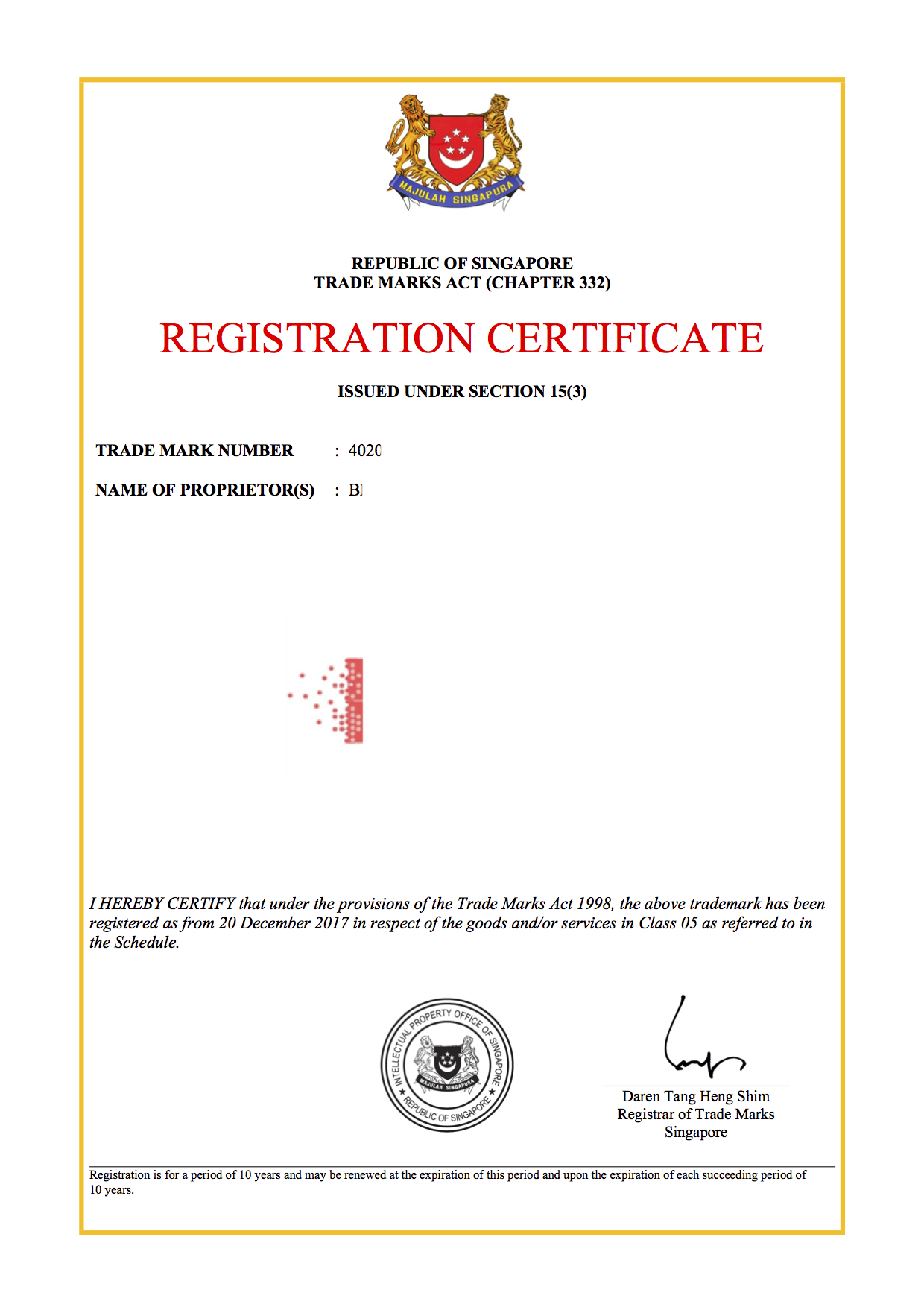 International trademark registration sample of trademark certificate in Singapore