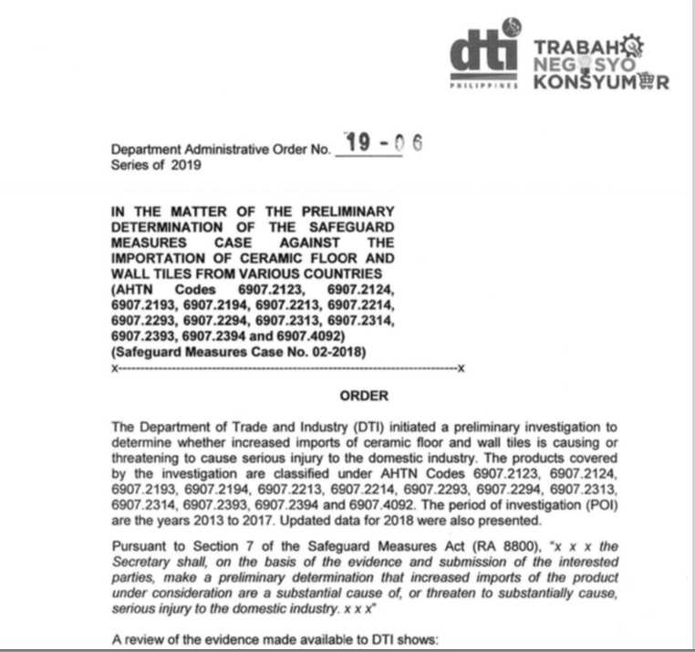 Toàn văn thông báo và bản báo cáo công khai của DTI thông báo áp dụng biện pháp tự vệ tạm thời đối với sản phẩm gạch ốp lát