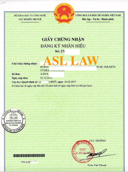 Sample of Vietnam Trademark certificate, trademark certificate in Vietnam (ASL LAW)