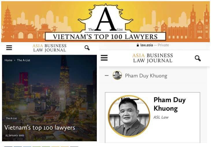 Lawyer Pham Duy Khuong is ranked as one of top 100 lawyers in Vietnam