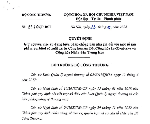 Việt Nam giữ nguyên thuế chống bán phá giá đối với sản phẩm Sorbitol có xuất xứ từ Ấn Độ Indonesia và Trung Quốc, Việt Nam giữ nguyên thuế chống bán phá giá đối với sản phẩm Sorbitol có xuất xứ từ Ấn Độ, Việt Nam giữ nguyên thuế chống bán phá giá đối với sản phẩm Sorbitol có xuất xứ từ Indonesia , Việt Nam giữ nguyên thuế chống bán phá giá đối với sản phẩm Sorbitol có xuất xứ từ Trung Quốc, thuế chống bán phá giá đối với sản phẩm Sorbitol có xuất xứ từ Ấn Độ Indonesia và Trung Quốc,
