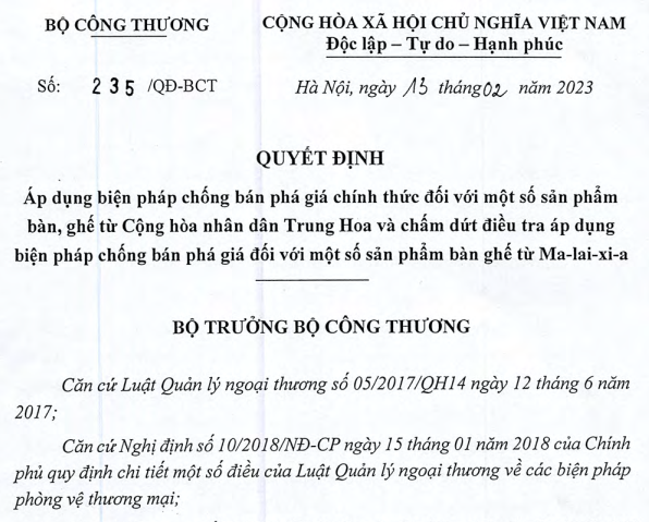 Vietnam apply official anti-dumping measures on tables and chairs from China, official anti-dumping measures on tables and chairs from China, anti-dumping duties on tables and chairs from China, tables and chairs from China,