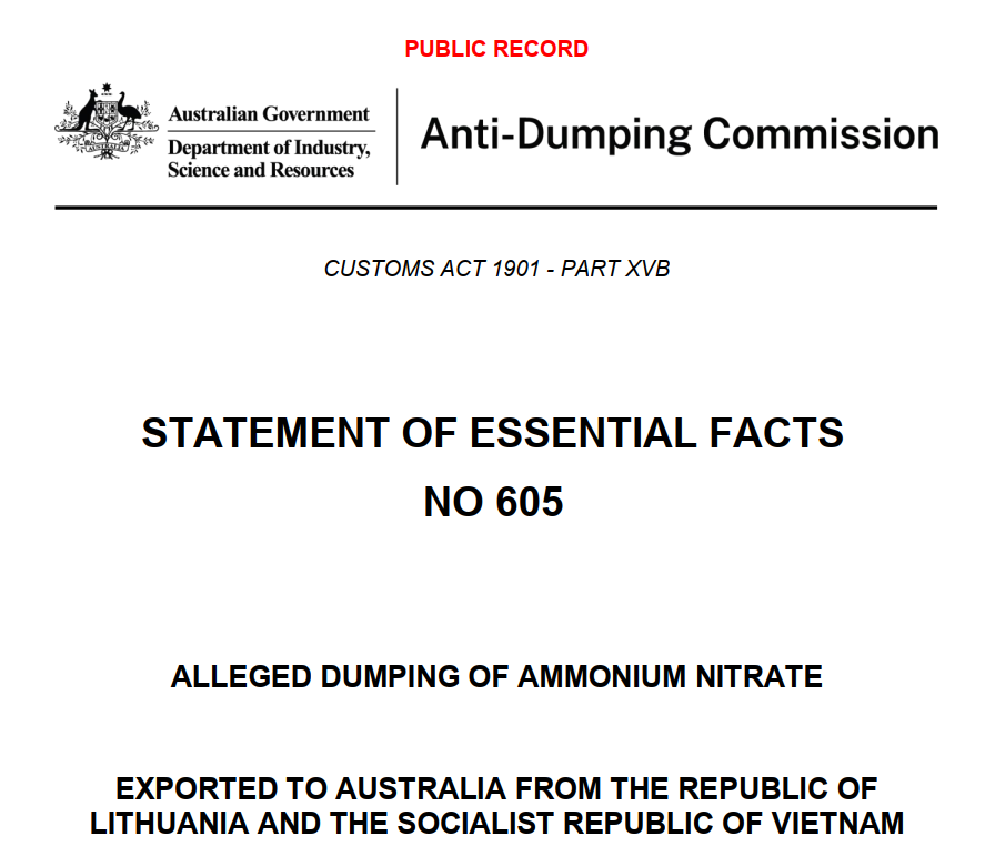 Australian Anti-Dumping Commission issues preliminary determination in the investigation of Vietnam's ammonium nitrate products, preliminary determination in the investigation of Vietnam's ammonium nitrate products, investigation of Vietnam's ammonium nitrate products, Australia issues preliminary determination in the investigation of Vietnam's ammonium nitrate products,
