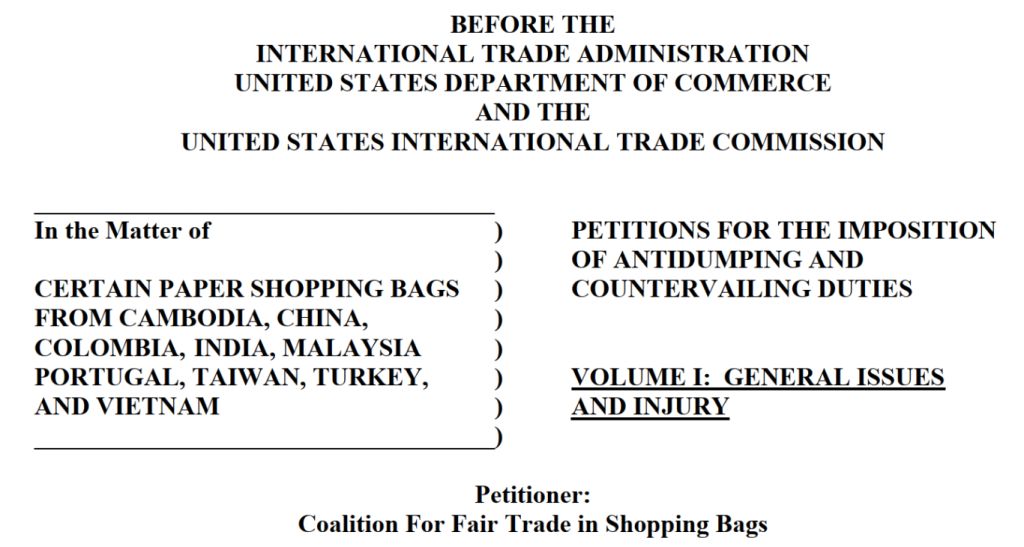 Coalition for Fair Trade in Shopping Bags of USA files a petition for an anti-dumping investigation on paper shopping bags imported from Vietnam, petition for an anti-dumping investigation on paper shopping bags imported from Vietnam, paper shopping bags imported from Vietnam to the USA, paper shopping bags imported from Vietnam,