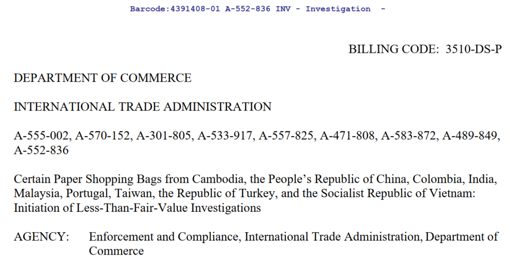 USA officially initiates anti-dumping investigation into paper shopping bags imported from Vietnam, anti-dumping investigation into paper shopping bags imported from Vietnam, paper shopping bags imported from Vietnam, anti-dumping investigation into paper shopping bags,