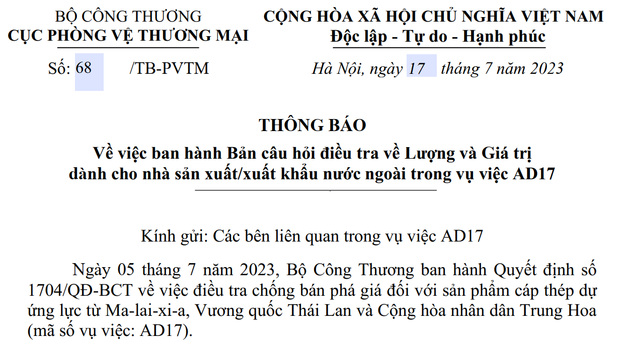 Việt Nam ban hành Bản câu hỏi về lượng và giá trị dành cho nhà sản xuất, Thông báo số 68/TB-PVTM, Việt Nam ban hành Bản câu hỏi về lượng và giá trị trong vụ điều tra cáp thép dự ứng lực, Bản câu hỏi về lượng và giá trị trong vụ điều tra cáp thép dự ứng lực tại Việt Nam,