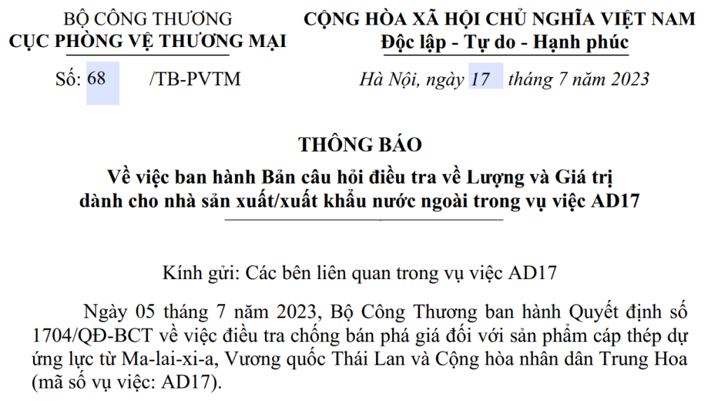 Vietnam issues Questionnaire on quantity and value for foreign manufacturers , Vietnam issues Questionnaire on quantity and value in the investigation of prestressed steel strand, Notice No. 68/TB-PVTM, Questionnaire on quantity and value in the prestressed steel strand case in Vietnam,