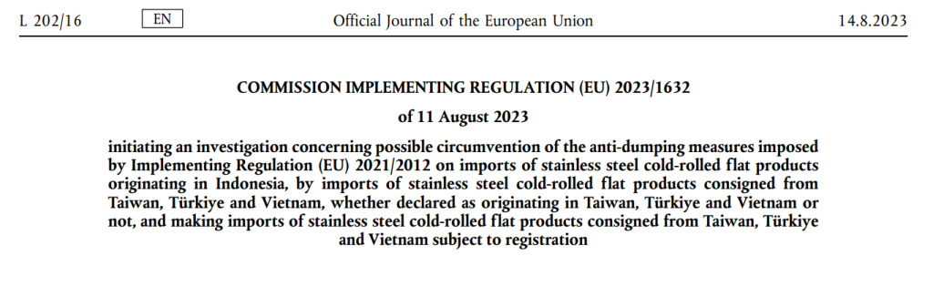 EU launches investigation on circumvention of trade remedy measures for cold-rolled stainless steel products from Vietnam, circumvention of trade remedy measures for cold-rolled stainless steel products from Vietnam, investigation on circumvention of trade remedy measures for cold-rolled stainless steel products from Vietnam, cold-rolled stainless steel products from Vietnam,