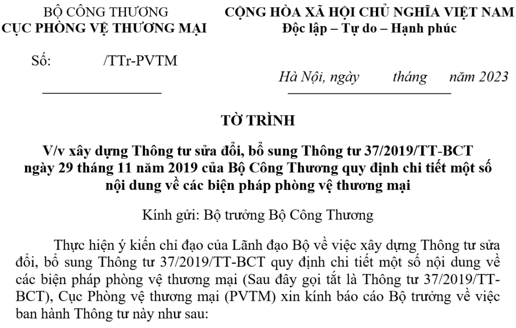 Việt Nam tiến tới sửa đổi Thông tư số 37/2019/TT-BCT, Thông tư số 37/2019/TT-BCT quy định về việc miễn trừ áp dụng biện pháp phòng vệ thương mại, Thông tư số 37/2019/TT-BCT, sửa đổi Thông tư số 37/2019/TT-BCT,