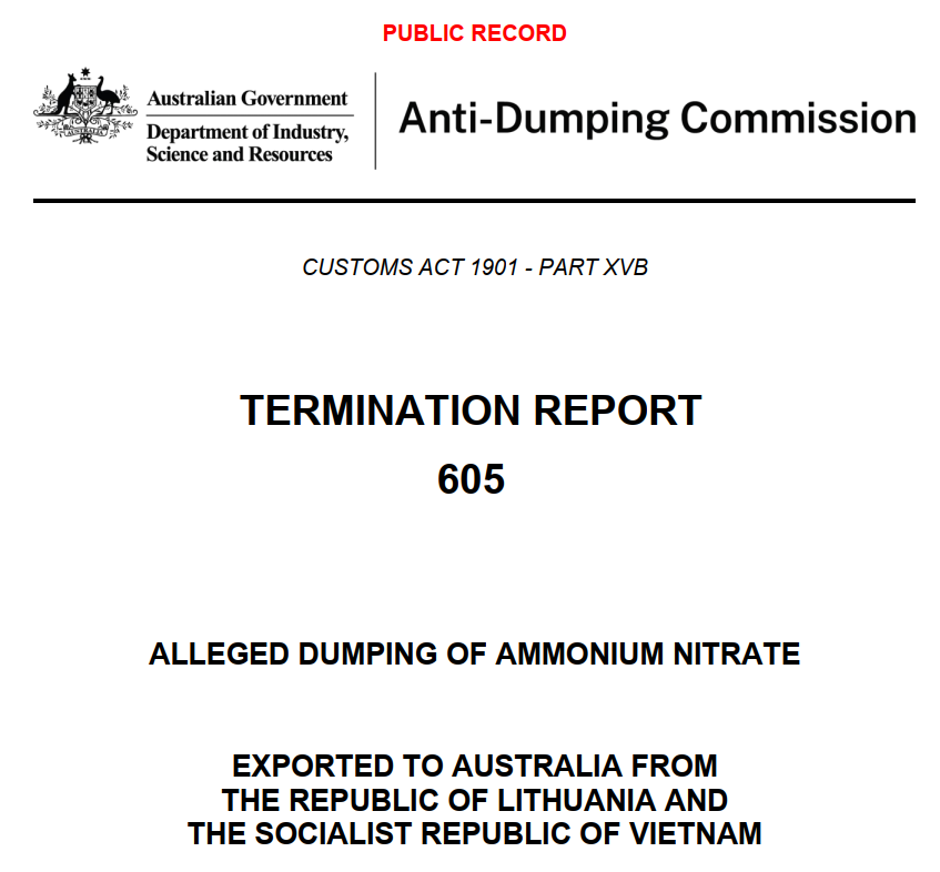 Australia issues final conclusion determining no anti-dumping duty on ammonium nitrate products from Vietnam, Australia issues final conclusion on ammonium nitrate products from Vietnam, no anti-dumping duty on ammonium nitrate products from Vietnam, ammonium nitrate products from Vietnam,