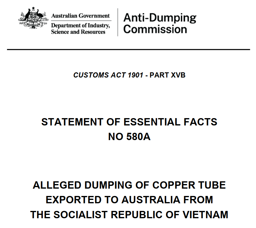 Australia issues Statement of Essential Facts in the anti-dumping investigation of Vietnamese copper tube products, Statement of Essential Facts in the anti-dumping investigation of Vietnamese copper tube products, Australia investigates anti-dumping on Vietnamese copper tube products, anti-dumping investigation of Vietnamese copper tube products,