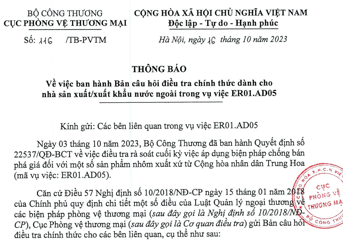 Vietnam issues questionnaire for foreign producers exporters in the end-of-term review of aluminum products anti-dumping investigation from China, Vietnam issues questionnaire for foreign producers exporters in the end-of-term review of aluminum products anti-dumping investigation , end-of-term review of aluminum products anti-dumping investigation from China, Vietnam issues questionnaire for foreign producers exporters in the end-of-term review of aluminum products,