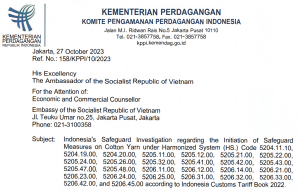 Indonesia launches investigation on safeguarding cotton yarn products from Vietnam, Indonesia launches investigation on safeguarding cotton yarn products, investigation on safeguarding cotton yarn products from Vietnam, Notice No. 05/KPPI/PENG/10/2023,