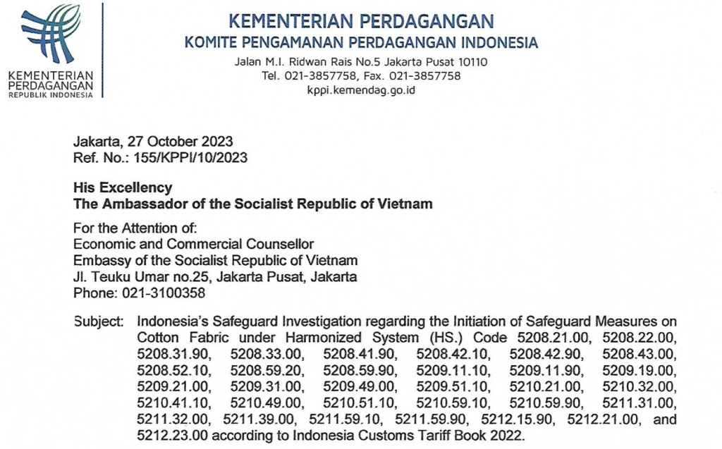 Indonesia khởi xướng điều tra áp dụng biện pháp tự vệ sản phẩm vải dệt từ bông từ Việt Nam, Indonesia khởi xướng điều tra áp dụng biện pháp tự vệ sản phẩm vải dệt từ bông , điều tra áp dụng biện pháp tự vệ sản phẩm vải dệt từ bông từ Việt Nam, thông báo số 07/KPPI/PENG/10/2023,