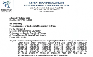 Indonesia initiates investigation on the application of safeguard measures for cotton fabric products from Vietnam, Indonesia initiates investigation on the application of safeguard measures for cotton fabric products , application of safeguard measures for cotton fabric products from Vietnam, Notice No. 07/KPPI/PENG/10/2023,
