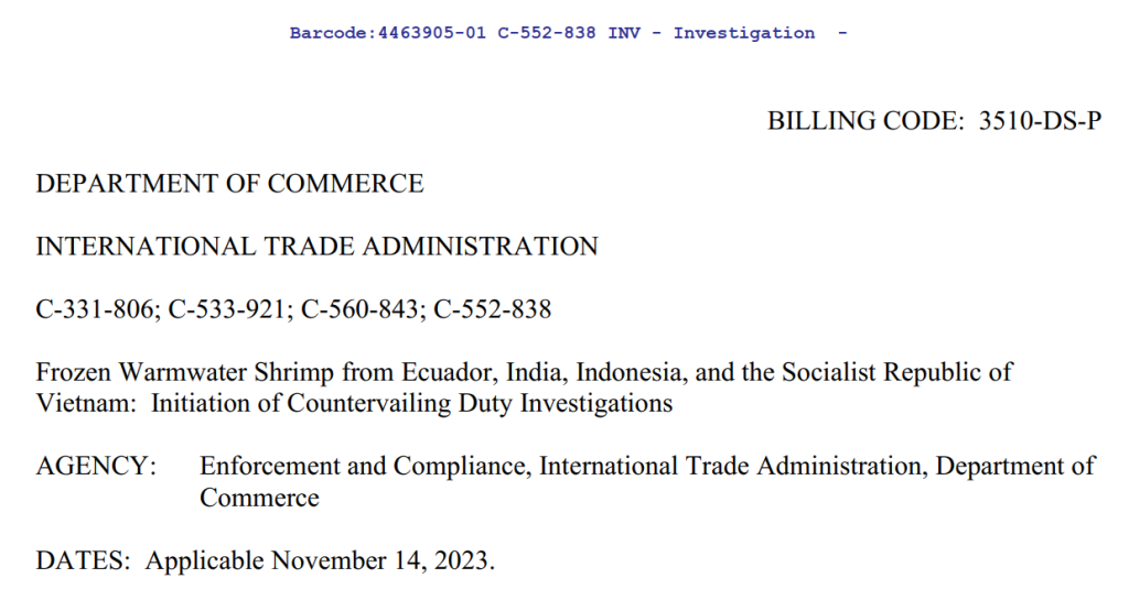 United States initiates investigation into the countervailing activity of warm water shrimp imports from Vietnam, United States initiates investigation into the countervailing activity of warm water shrimp imports , investigation into the countervailing activity of warm water shrimp imports from Vietnam, countervailing activity of warm water shrimp imports from Vietnam,