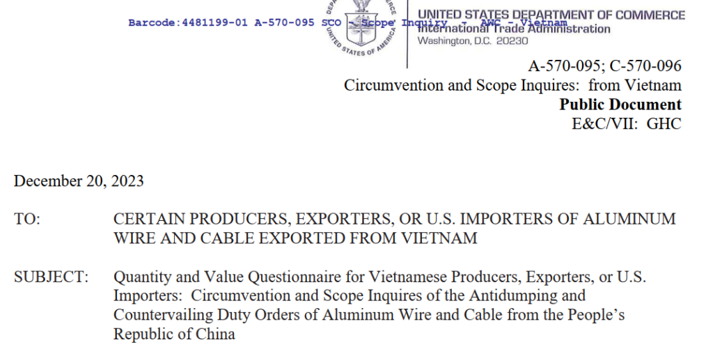United States issued questions on Quantity and Value in aluminum wire and cable case from Vietnam, Quantity and Value in aluminum wire and cable case from Vietnam, United States issued questions on Quantity and Value in aluminum wire and cable case, questions on Quantity and Value in aluminum wire and cable case from Vietnam,