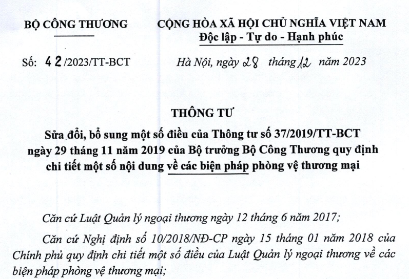 ban hành Thông tư số 42/2023/TT-BCT sửa đổi bổ sung một số quy định về phòng vệ thương mại tại Việt Nam, Thông tư số 42/2023/TT-BCT, Thông tư số 42/2023/TT-BCT sửa đổi bổ sung một số quy định về phòng vệ thương mại tại Việt Nam, Thông tư số 37/2019⁄TT-BCT,
