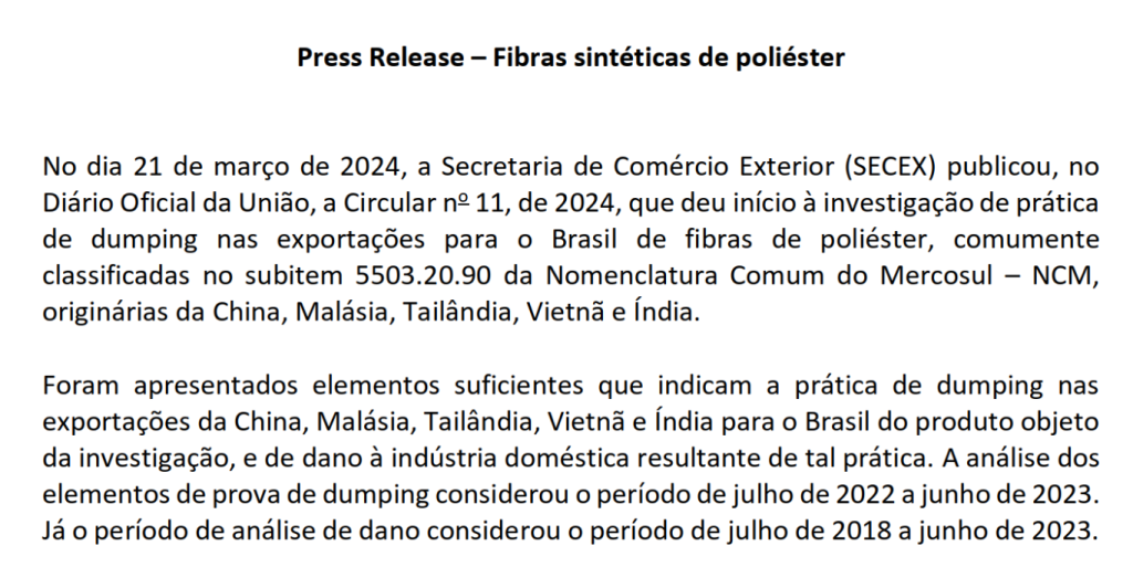 Brazil initiated an anti-dumping investigation into polyester staple fiber made from polyester of Vietnam, Brazil initiated an anti-dumping investigation into polyester staple fiber made from polyester , anti-dumping investigation into polyester staple fiber made from polyester of Vietnam, polyester staple fiber made from polyester of Vietnam,