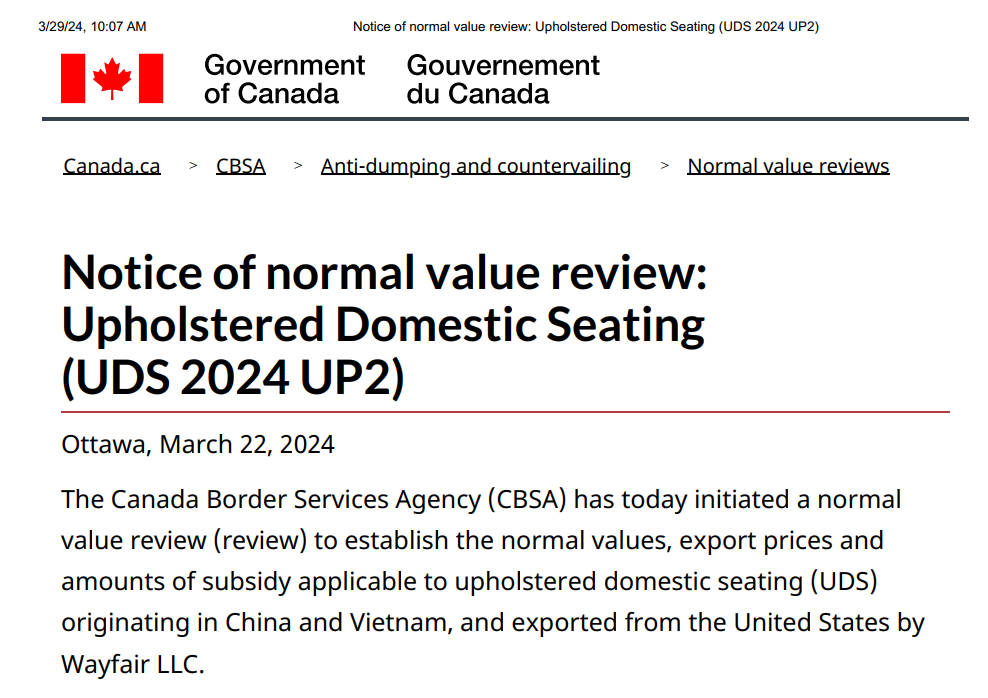 Canada reviews anti-dumping and countervailing duties on upholstered domestic seating products from Vietnam and China, Canada reviews anti-dumping and countervailing duties on upholstered domestic seating products, anti-dumping and countervailing duties on upholstered domestic seating products from Vietnam and China, upholstered domestic seating products from Vietnam and China,