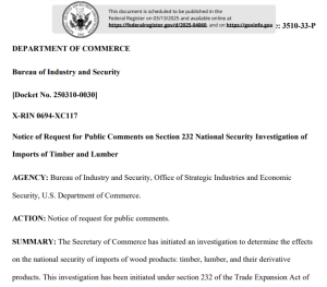USA seeks public comments on the impact of wood product imports， public comments on the impact of wood product imports on national security， USA seeks comments on the impact of wood product imports on national security， impact of wood product imports on USA's national security， wood product imports on USA's national security，