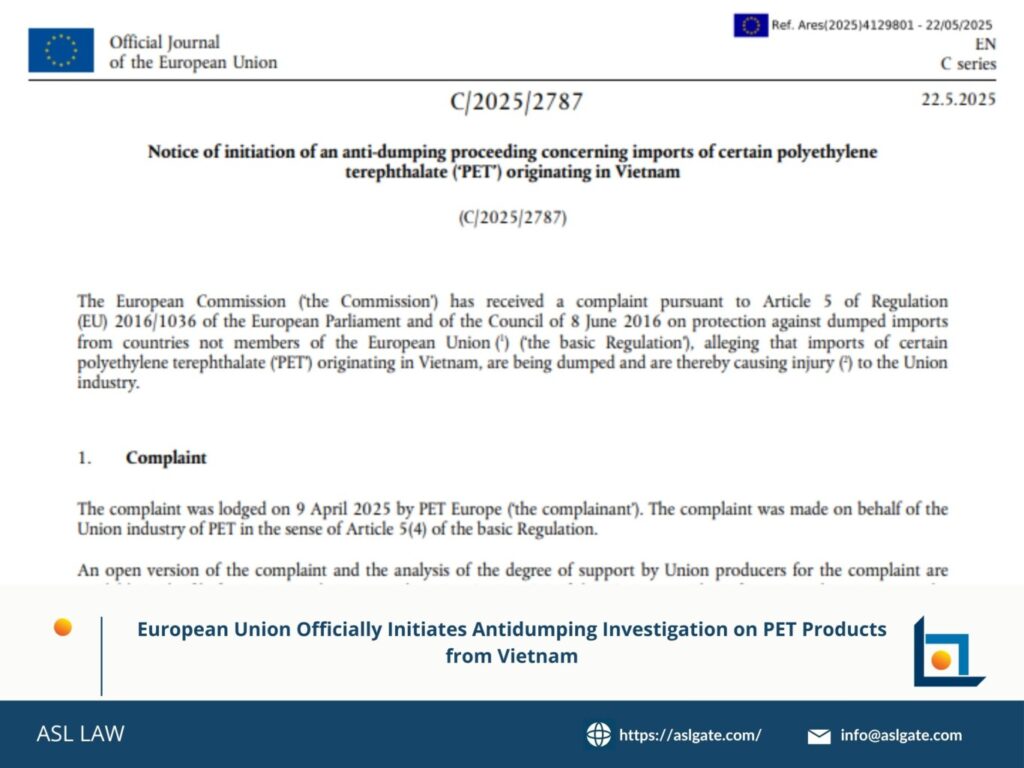 European Union officially initiates antidumping investigation on PET products from Vietnam, Vietnamese PET product imports face antidumping probe by European Union authorities, antidumping investigation launched by European Union against PET exports from Vietnam, European Union starts trade remedy action on PET products imported from Vietnam, petition triggers EU antidumping probe on Vietnam PET product imports,