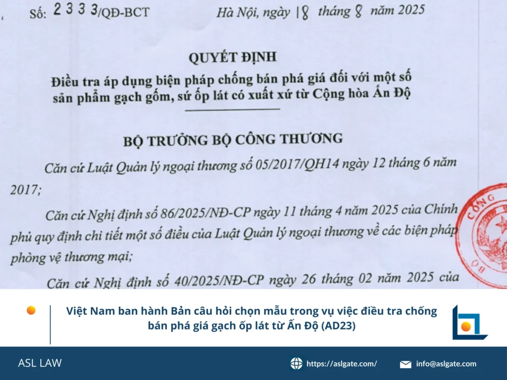 ASL LAW tư vấn trả lời bản câu hỏi chọn mẫu vụ việc AD23