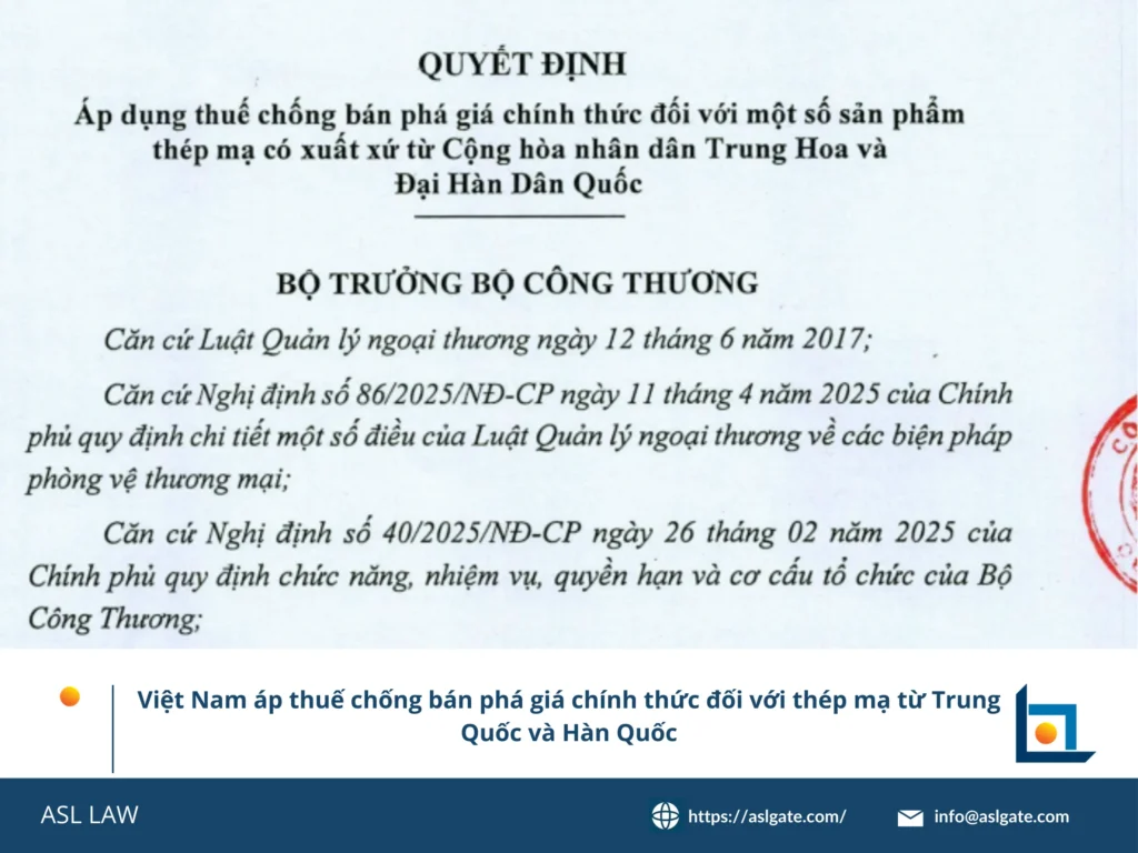 ASL LAW phân tích quyết định áp thuế chống bán phá giá thép mạ