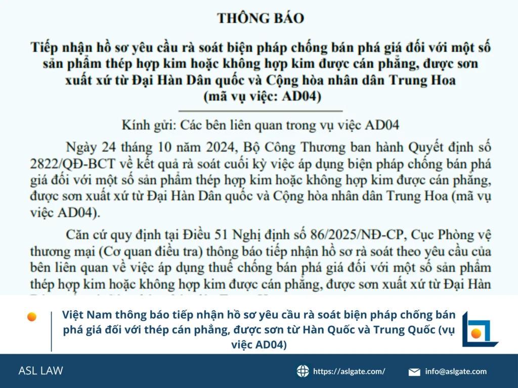 Phân tích vụ việc AD04 rà soát chống bán phá giá thép cán phẳng bởi ASL LAW.