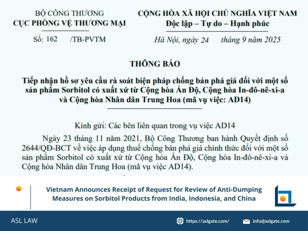 ASL LAW's analysis of Vietnam sorbitol anti-dumping measure review