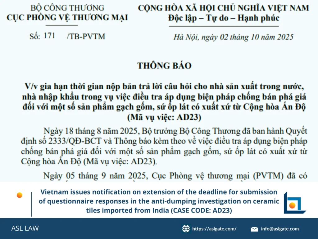 ASL LAW's analysis of Vietnam AD23 questionnaire deadline extension