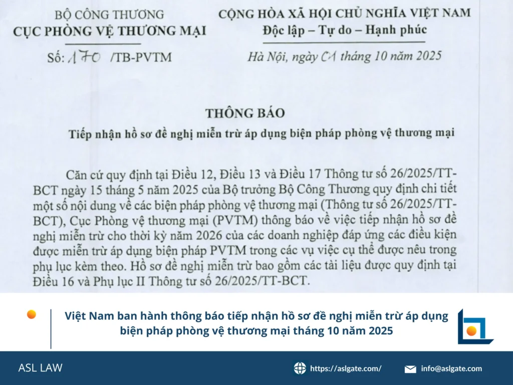 ASL LAW hướng dẫn hồ sơ đề nghị miễn trừ biện pháp phòng vệ thương mại Việt Nam