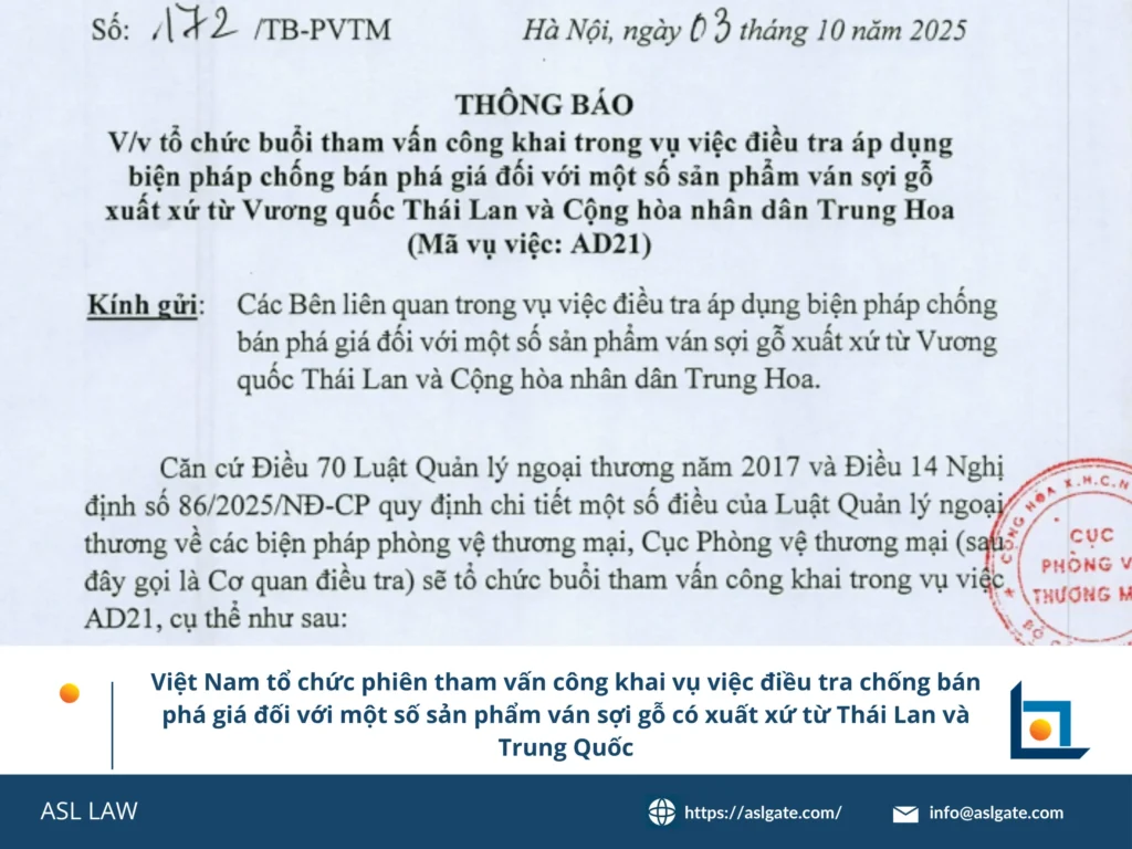 ASL LAW hướng dẫn tham vấn công khai chống bán phá giá Việt Nam