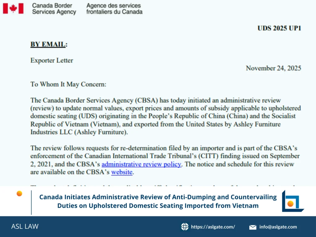 ASL LAW analysis of Canada anti-dumping review on upholstered seating from Vietnam