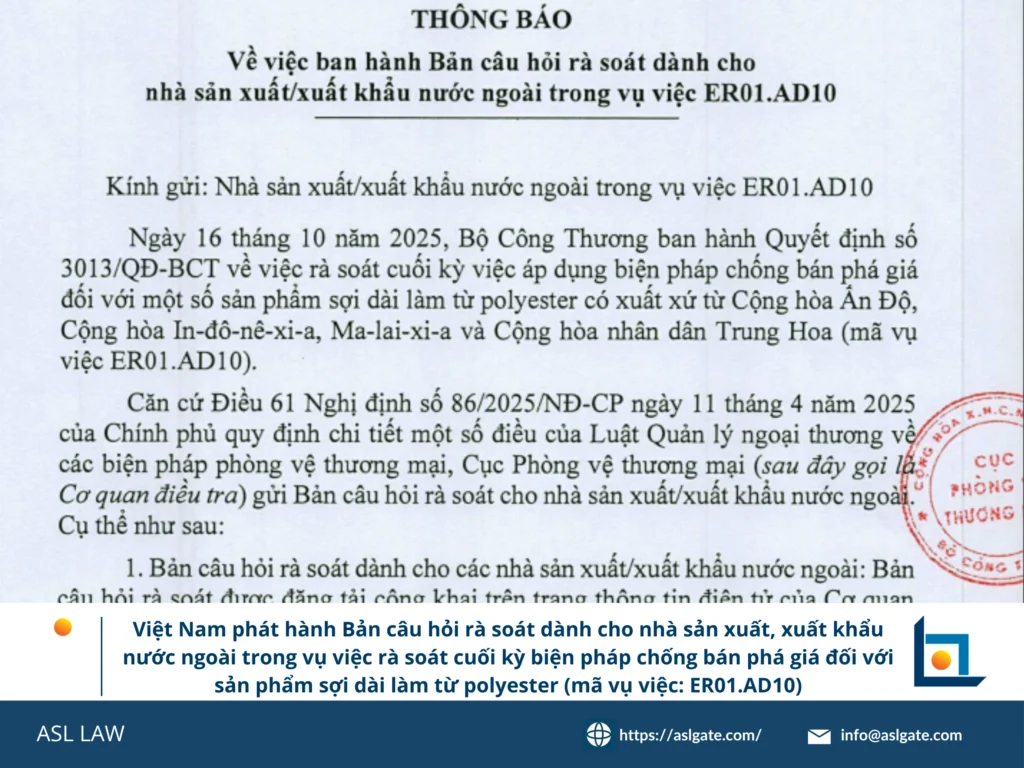 Quy trình rà soát cuối kỳ bản câu hỏi cho vụ việc ER01.AD10 tại Việt Nam - ASL LAW.