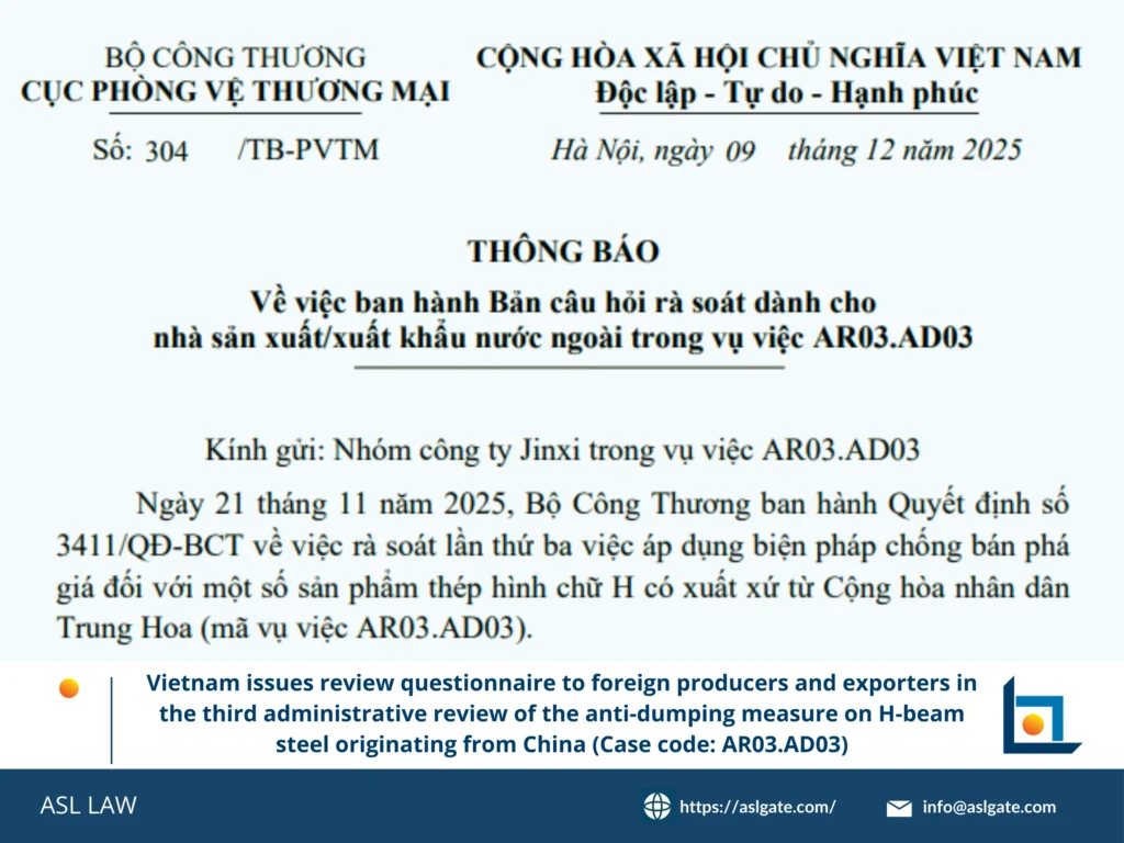 review questionnaire, H-beam steel anti-dumping, administrative review AR03.AD03, Vietnam Ministry of Industry and Trade, Chinese steel exporters