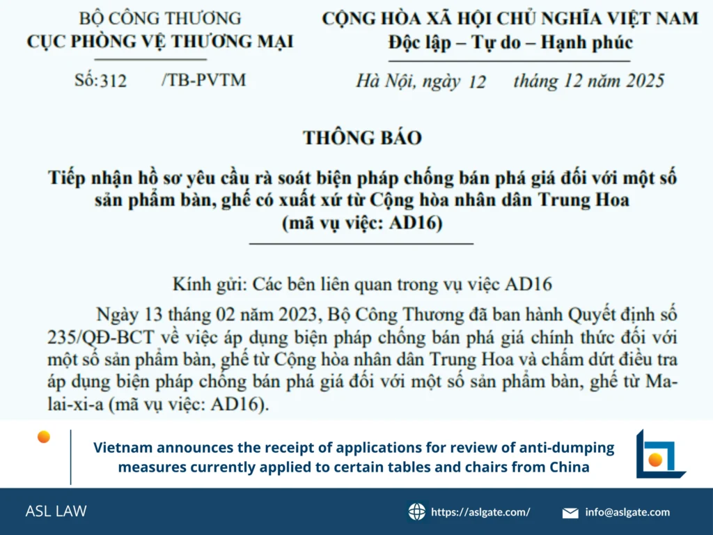 anti-dumping review application, tables and chairs, Vietnam MOIT, trade defense procedure, import duty reassessment