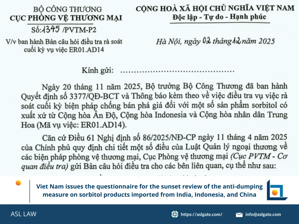 Official questionnaire document for Vietnam's sorbitol sunset review investigation