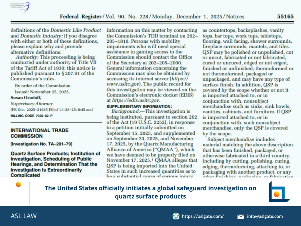 global safeguard investigation, quartz surface products, USITC, import surge, trade defense
