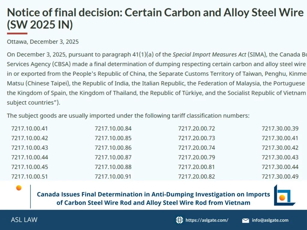 final anti-dumping determination, steel wire rod, Canada CBSA, Vietnam steel export, trade remedy ruling