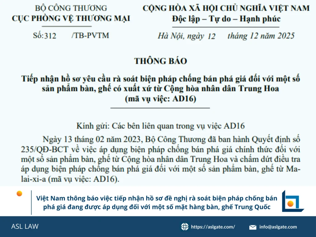 hồ sơ đề nghị rà soát, bàn ghế, biện pháp chống bán phá giá, Bộ Công Thương Việt Nam, thủ tục rà soát thuế