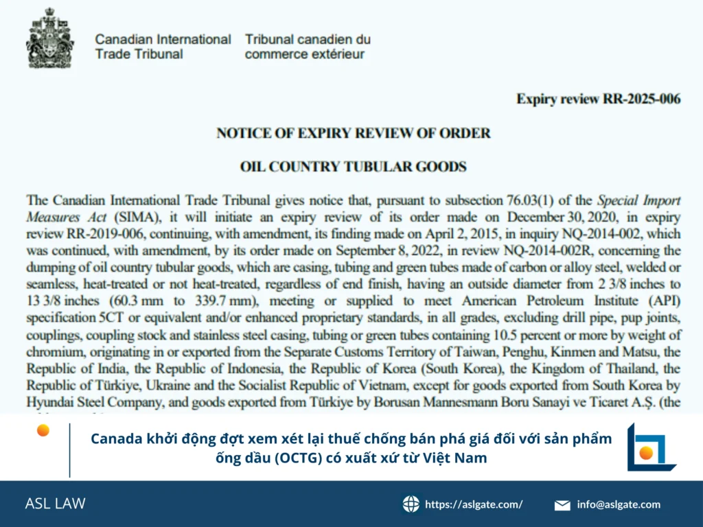 rá soát cuối kỳ, thuế chống bán phá giá, ống dẫn dầu OCTG, xuất khẩu Việt Nam, CBSA Canada