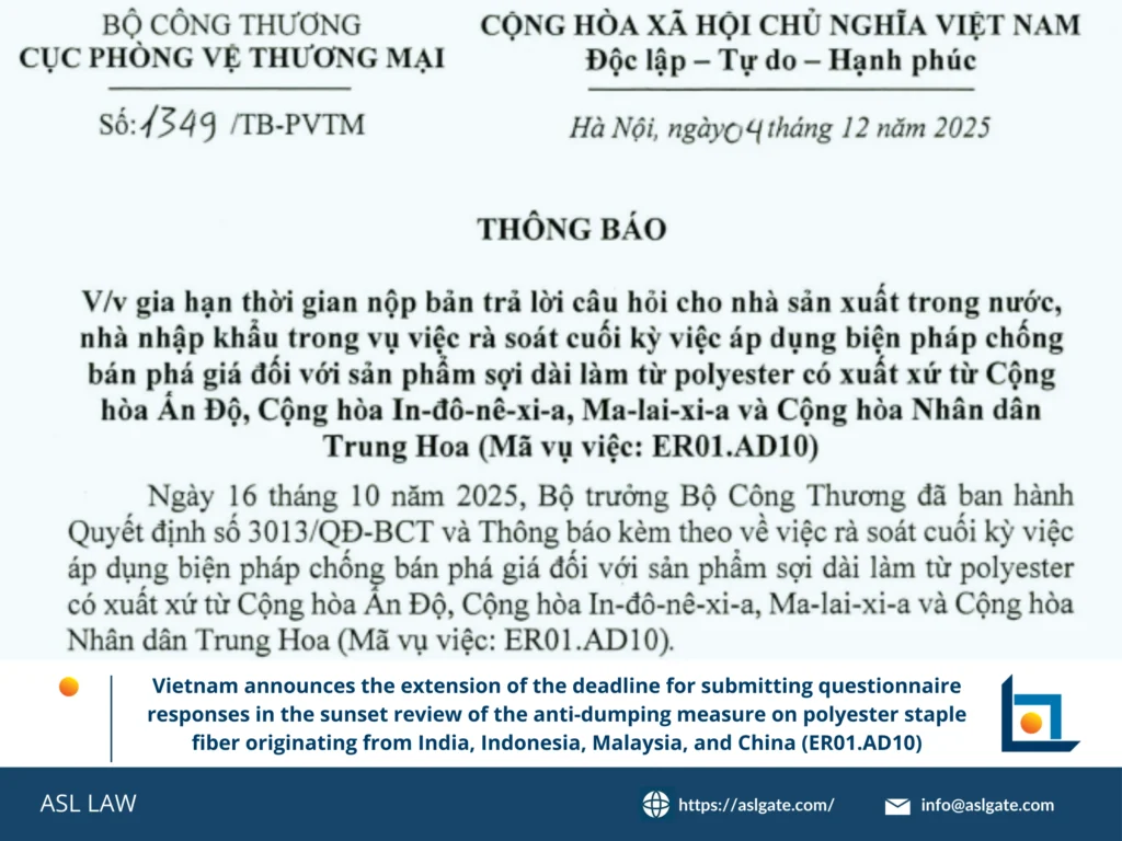 questionnaire deadline extension, sunset review, polyester staple fiber, anti-dumping Vietnam, Ministry of Industry and Trade