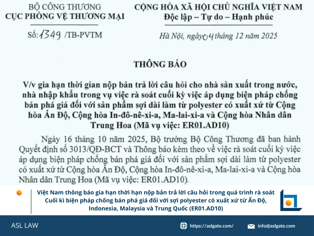 gia hạn thời hạn, trả lời câu hỏi điều tra, rà soát cuối kỳ, sợi dài polyester, Bộ Công Thương
