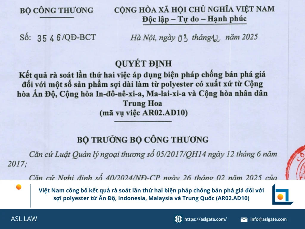 kết quả rà soát lần thứ hai, sợi dài polyester, thuế chống bán phá giá, Bộ Công Thương Việt Nam, vụ việc AR02.AD10