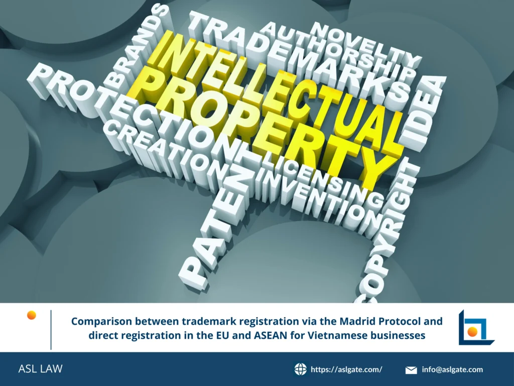 A side-by-side comparison chart of the Madrid Protocol and direct filing routes for EU and ASEAN trademark registration from Vietnam.