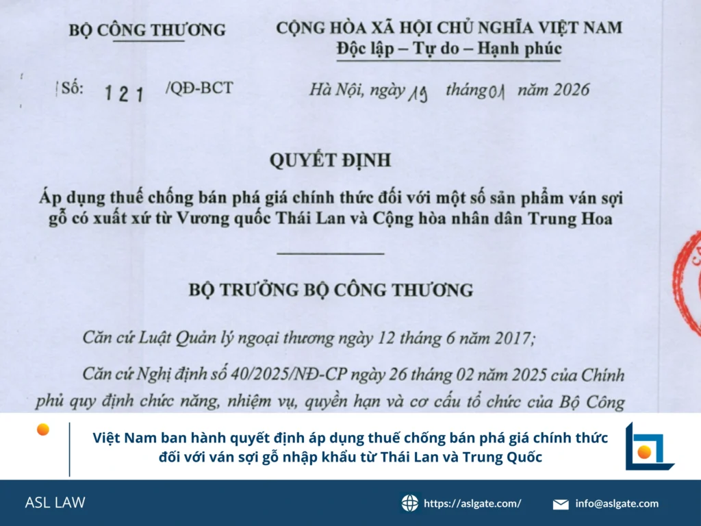 Thông báo chính thức và biểu thuế chi tiết của Bộ Công Thương Việt Nam đối với ván sợi gỗ từ Thái Lan và Trung Quốc.