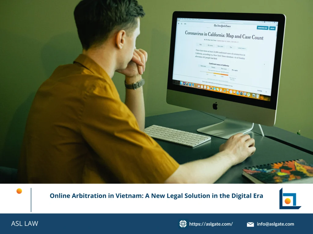 ASL LAW's detailed infographic breaking down the step-by-step procedural flow of a fully online arbitration case under Vietnamese regulations.