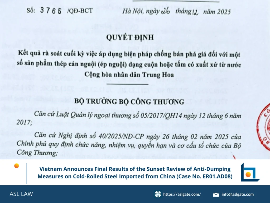 Vietnam sunset review results, cold-rolled steel China anti-dumping, ER01.AD08 case, final determination MOIT, trade defense outcome